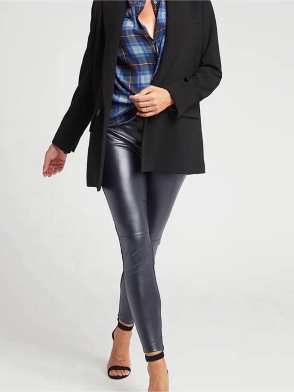 Betabrand Navy Blue Faux Leather Front Pants
